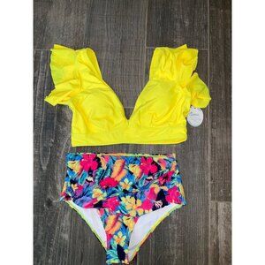 Soucrat Women's Yellow Ruffled Bikini Top with Floral High Waist Bottoms Size M
